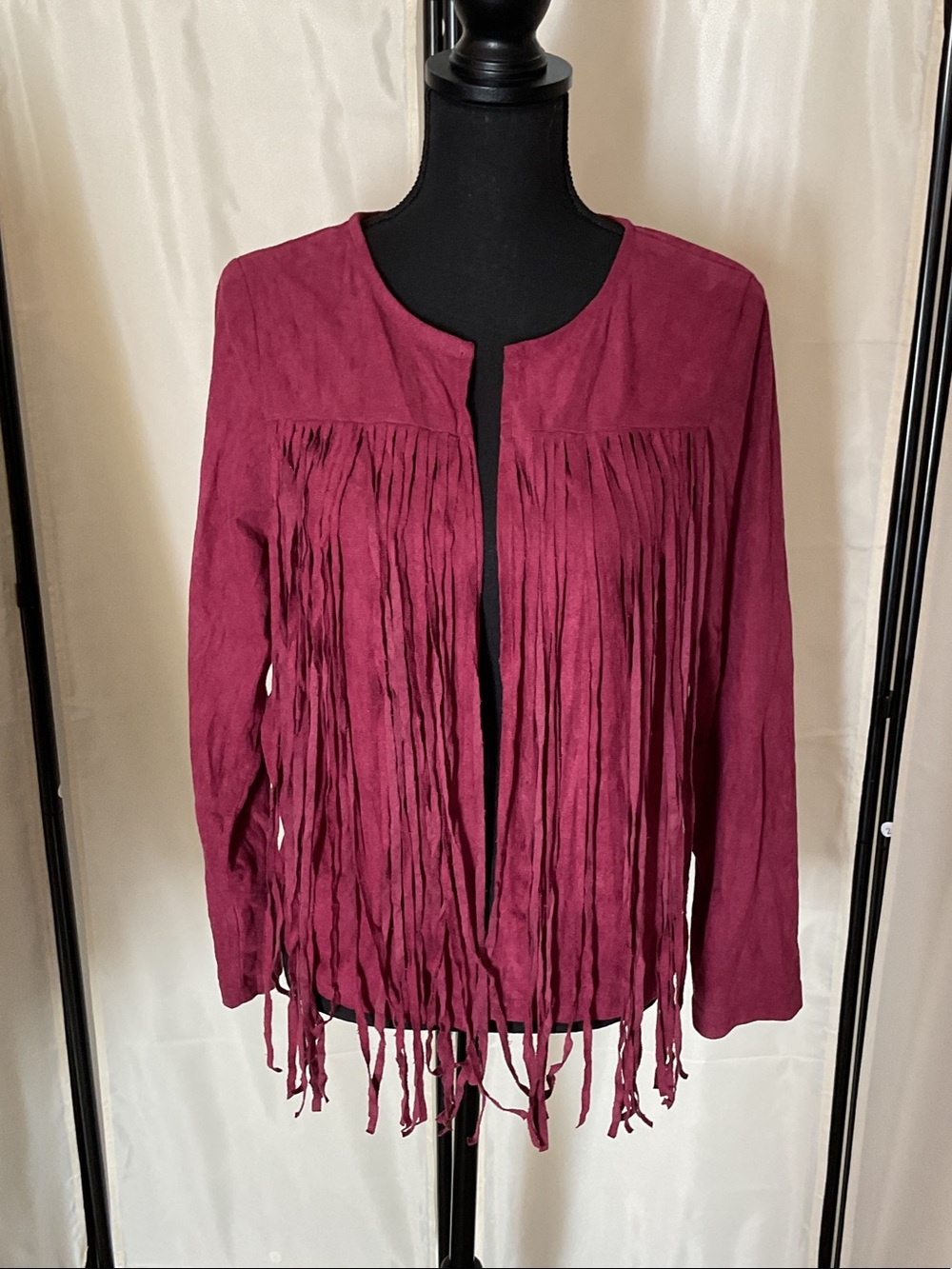 Fringe Open-Front Jacket in Deep Berry